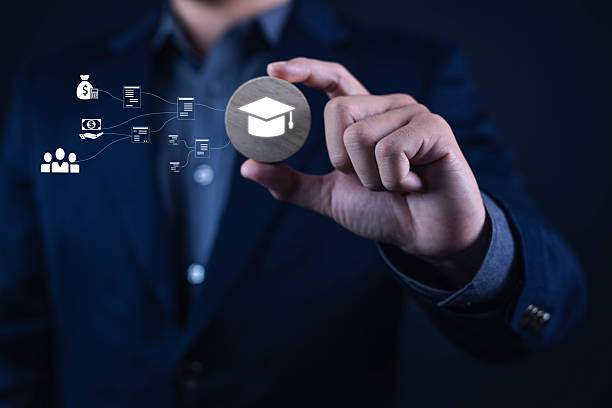 c3 Education funding and scholarship concept with graduation cap icon in business professional hand. Symbolizing academic investment, student financial aid, learning opportunities, tuition support and educational success.